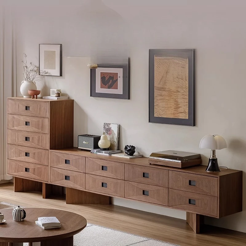 

black walnut TV cabinet floor-to-ceiling modern simple small apartment living room audio-visual cabinet combination cabinet