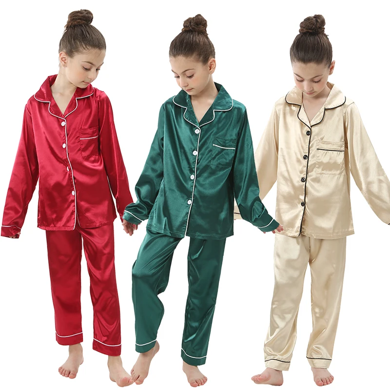 2 4 6 8 10 12 14 Years Children's Loungewear Teenage Satin Sleepwear Spring Autumn Boy Girl Pyjamas Kids Long Sleeved Pajama Set