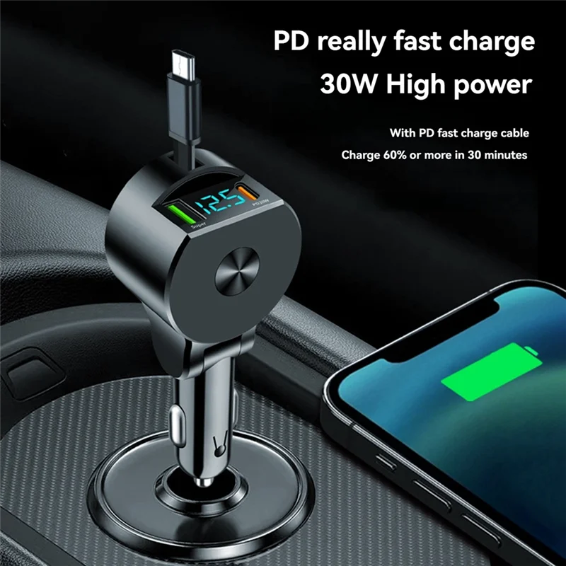 AU61-Digital Display Retractable Cable Car Charger Supports PD30W Fast Charging Super Fast Charging 3-In-1