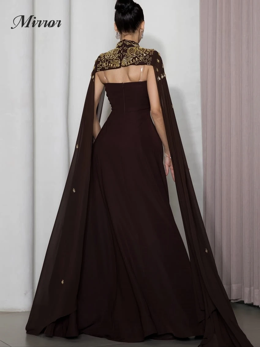 Spiegeljurk Elegante Vintage Sexy Bruine Chiffon Kralen Cape Stijlvol Aanpassen Formele Gelegenheid Galajurk Avondfeest Jurken