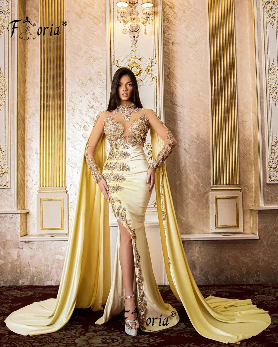 Vestidos de Noche de sirena de terciopelo con cuentas de cristal de lujo, capa de manga larga amarilla, apliques de Dubai, Vestido de fiesta de boda