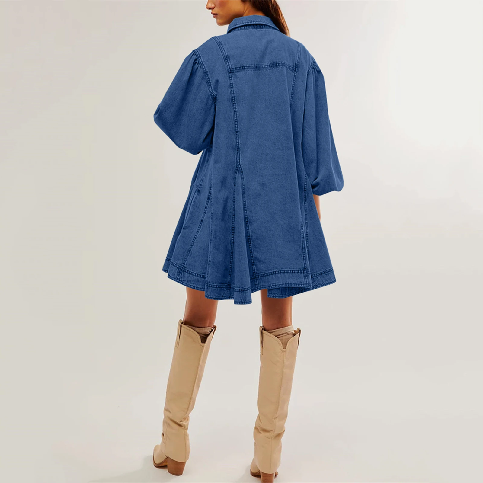 Women's Fashion Retro Denim Dress Lantern-sleeved Button-down Shirt Denim Dress Solid Color Shirt Dress Denim Short Dresses