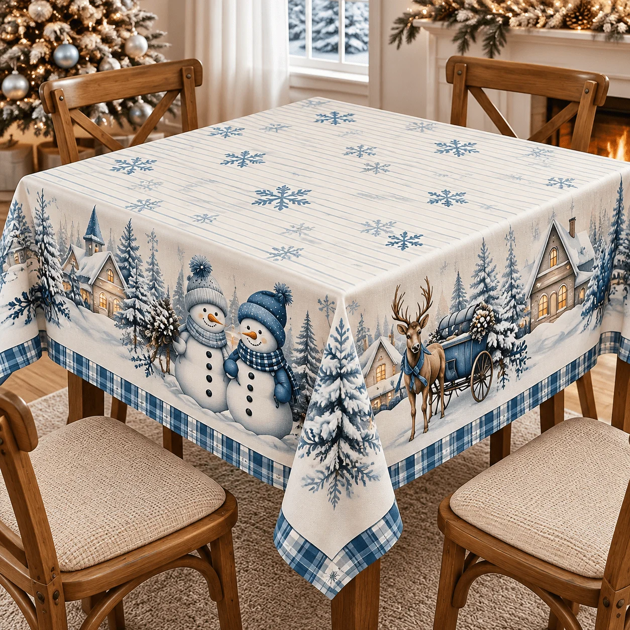 1 square tablecloth, Christmas snowman reindeer polyester tablecloth, cream white background with ice blue stripes