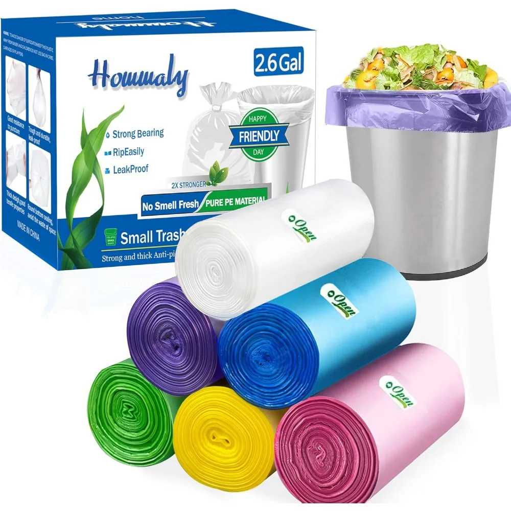 

2.6 Gallon Small Trash Bags, 300 Counts, 6 Colors, Strong & Eco-Friendly for Home Office Kitchen
