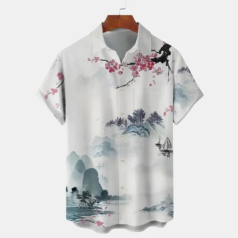 2024 Men\'s Shirt Flower 3D Printed Lapel Short Sleeve Casual Loose Tops, Bamboo Linen Shirt, Fashion Clothing Tops XS-5XL