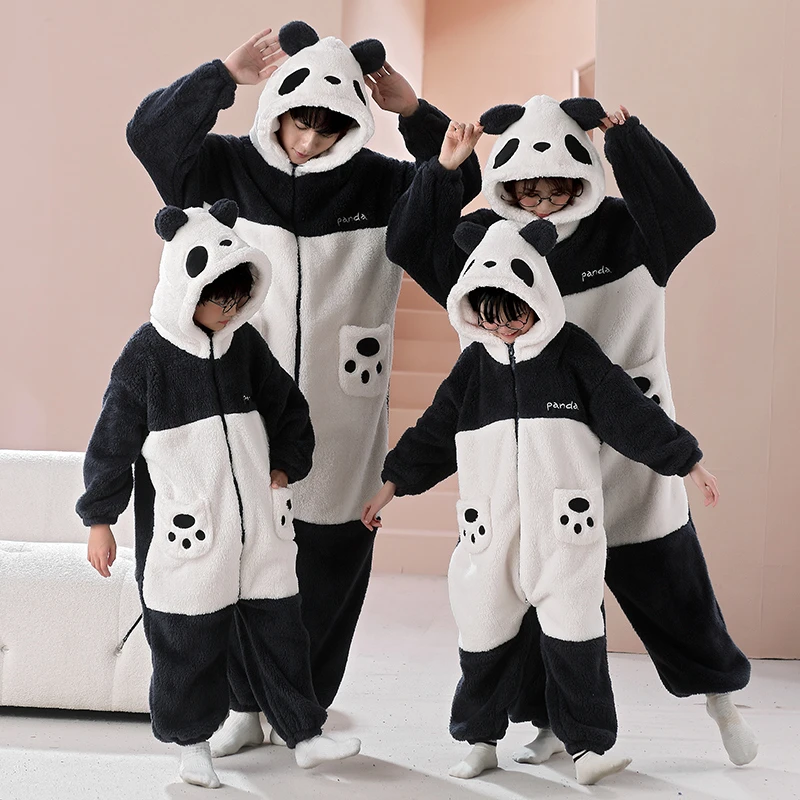 Eltern-kind-Outfit Pijamas Overalls Kawaii Cartoon Panda Frauen Männer Nachtwäsche Hoodies Winter Verdicken Pyjamas Onesie Pyjamas