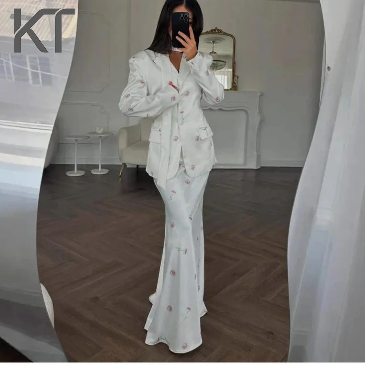 

KT Authenti Quality Elegant Satin Floral Suit Set for Women Notched Lapel Padded Shoulder Blazer & Mermaid Maxi Skirt Party
