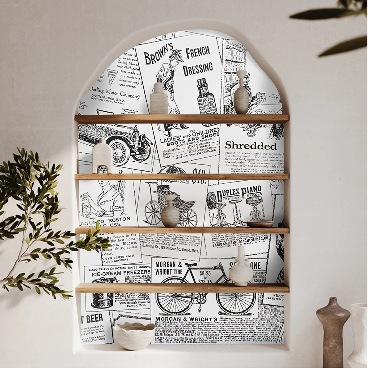 1 roll, 45x300cm self-adhesive PVC wallpaper wall sticker mural, black and white old-fashioned newspaper poster magazine pattern