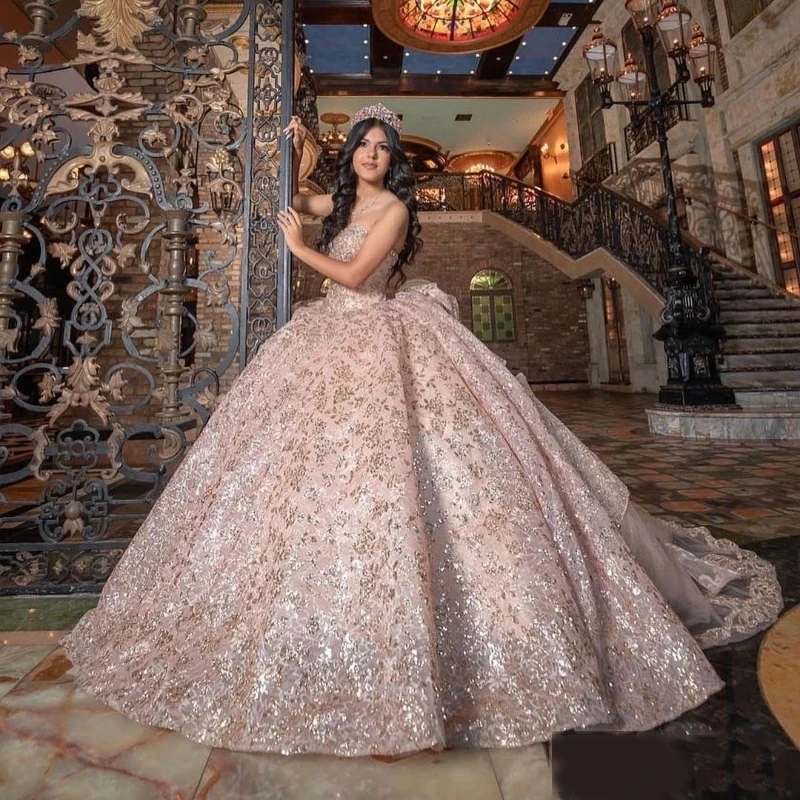 Rose Gold Sparkly Crystal Appliques Bow Quinceanera Dresses Ball Gown Off The Shoulder Beading Sweet Vestidos De 15 Girls 2024