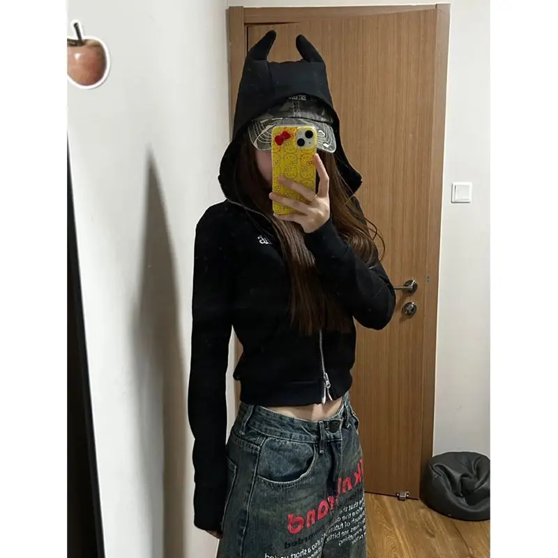 American Retro Devil Hooded Sweatshirt Women's Slim Fit Zipper Cardigan Jacket Patchwork Black Hoodies Sudaderas Para Mujer