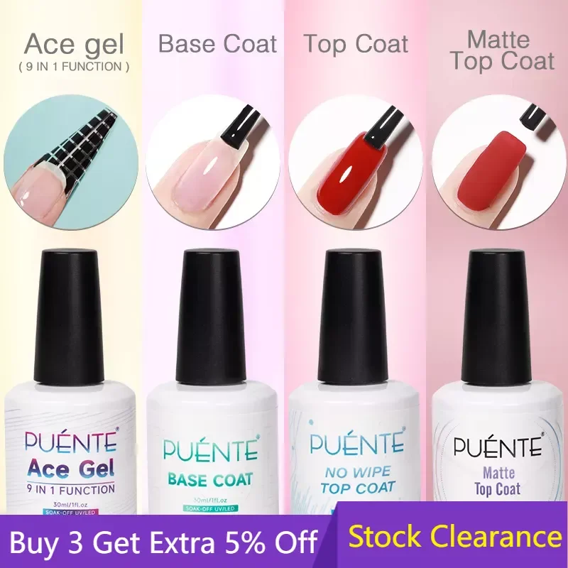 

PUENTE 30ml Ace Gel 9-in-1 Nail Glue Gel Polish Base Coat No Wipe Top Coat Matt Top Coat Function UV Gel Soak Off Nail Varnishes