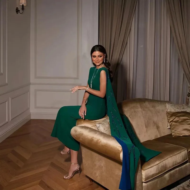 Cleeshuo-Robe de Soirée Longue en Satin Vert, Tenue de Bal, Sirène, Col Rond, Perles, 2024