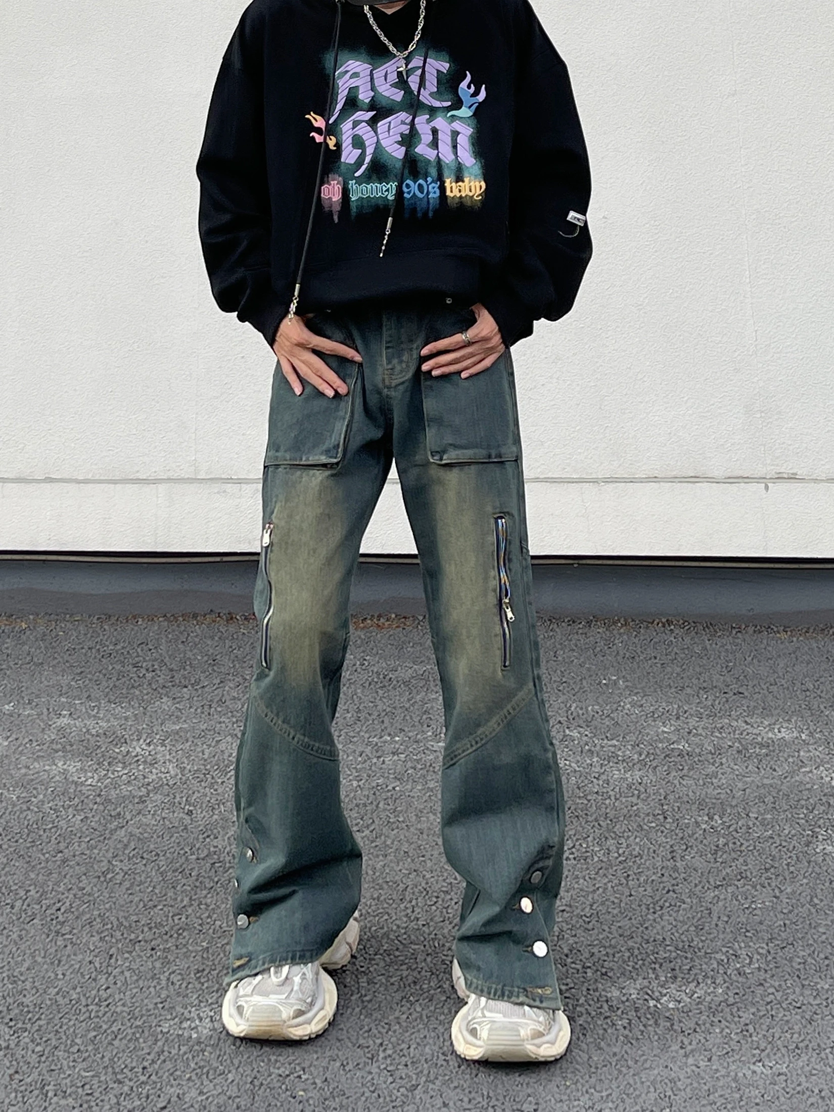 High Street American Vintage Wash Button Spliced Jeans Men's Loose Straight Tube Workwear Harajuku Punk Pants