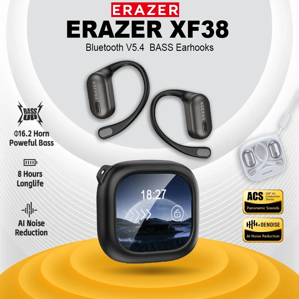 ERAZER XF38 سماعات بلوتوث LCD تعمل باللمس OWS سماعات رأس لاسلكية رياضية سماعات أذن مع ميكروفون طويل العمر مريح