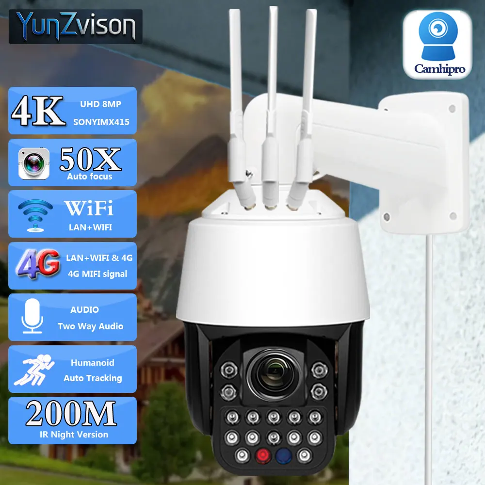 C-R 3G 4G SIM Card 50X Zoom 4K 8MP Wireles Security Kамера Wifi PTZ Dome Human Auto Tracking Laser LED IR 200M Two Way Audio