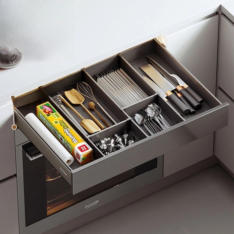 

Handle rebound dish storage rack low drawer type built-in divider clothing cabinet multi-layer four-sided pull basket