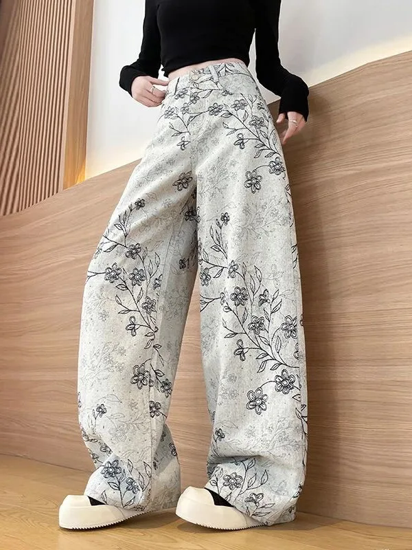 

Корейские модные вышитые широкие брюки-палаццо для женщин, свободные, стройнящие, струящиеся, длиной в пол, джинсы с высокой талией, прямого кроя, для повседневной носки