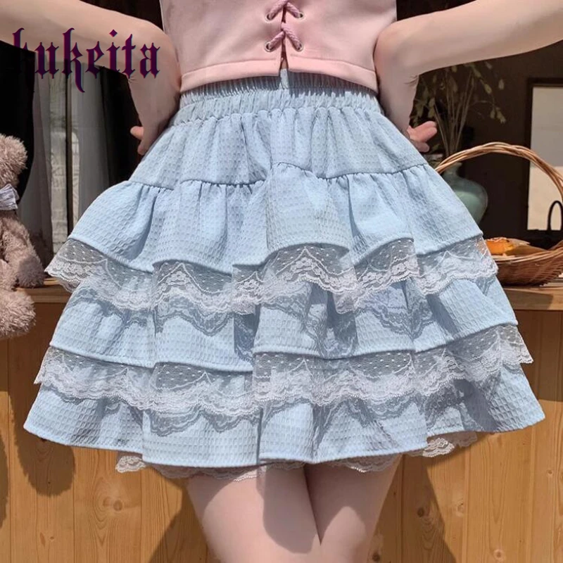 Mini saia kawaii estilo lolita feminina, elástico na cintura, babados com renda, plissados, doce menina, verão, Harajuku, Y2k, bolo, japonês