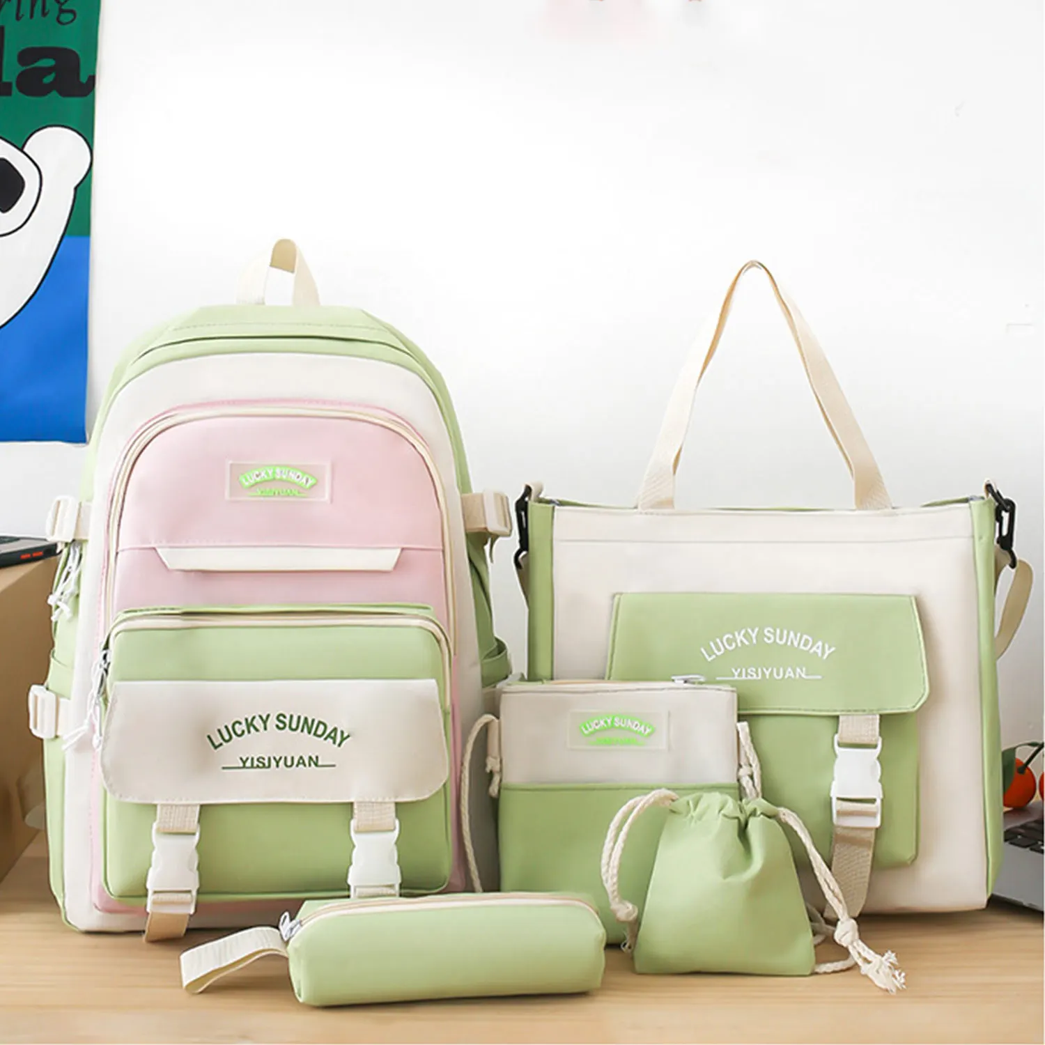 Multiple Compartments Backpack School Bag Set 5 Pieces School Bag School Backpack With Shopping Bag Pencil Case Lucky Pouch