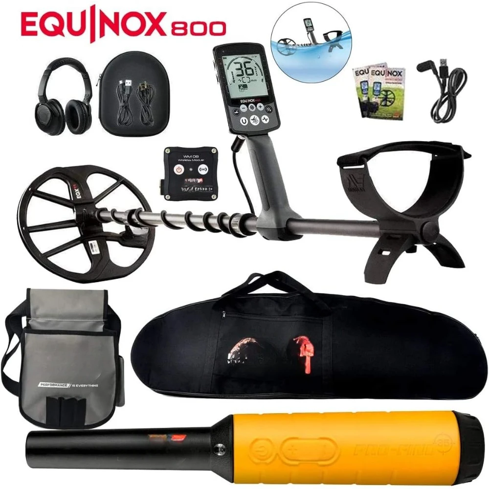 Detector de metais Equinox 800 com Pro Find 35, bolsa de transporte, bolsa de descobertas, 4 modos de detecção, 6 opções de frequência, detector de metais