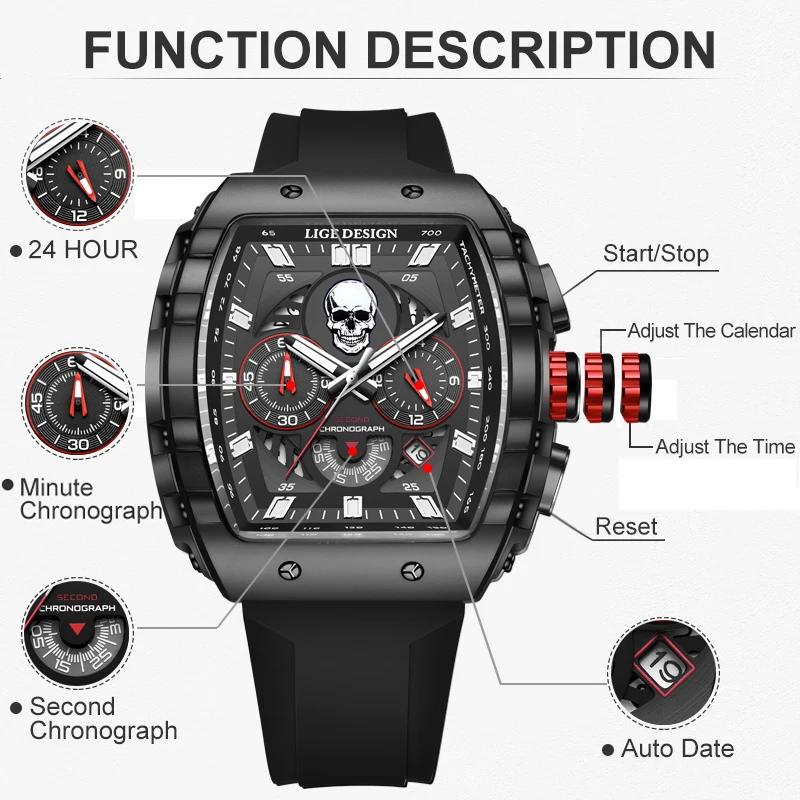 LIGE Fashion Square Silicone Watches For Men Top brand Luxury Skull Design Watch Men Military Sport Waterproof Quartz Men Watch