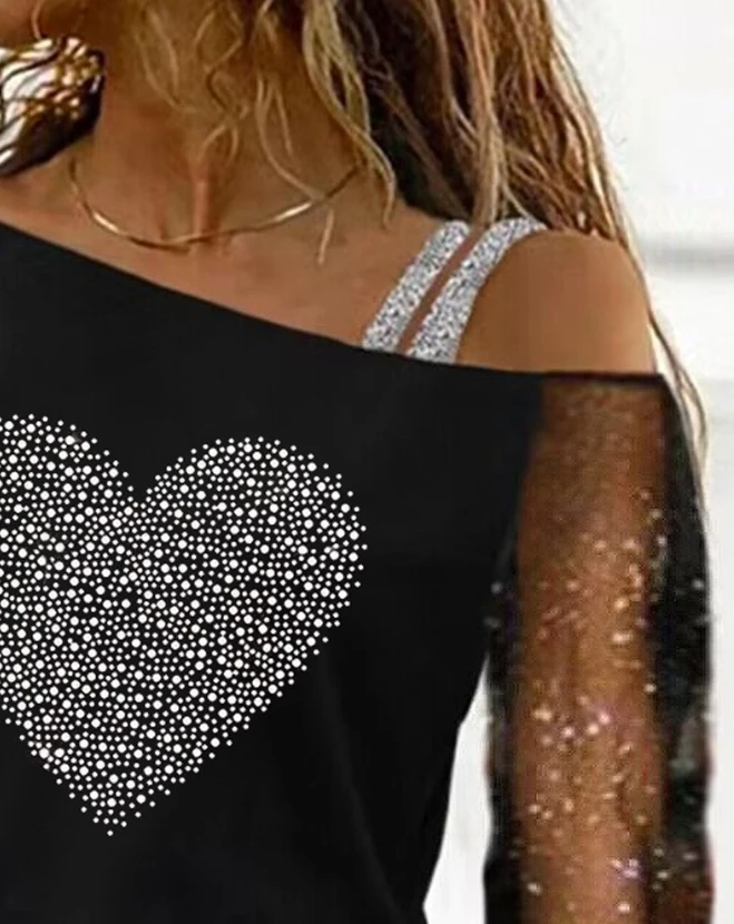 2023 Autumn Spring New Fashion Casual Female T-Shirts Pullover Tops Elegant Sexy Rhinestone Heart Pattern Glitter Mesh Patch Top