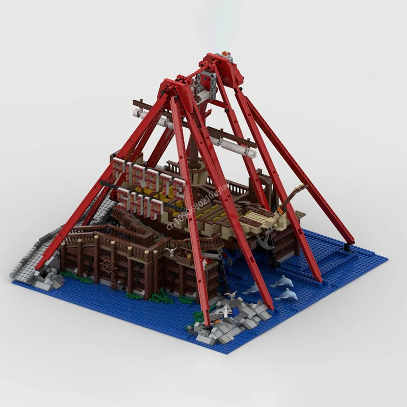 MOC Modular Theme Park Pirate Ship Ride Model Architecture Building Block Creative City Street View Bricks Toys Diy Kids Gifts