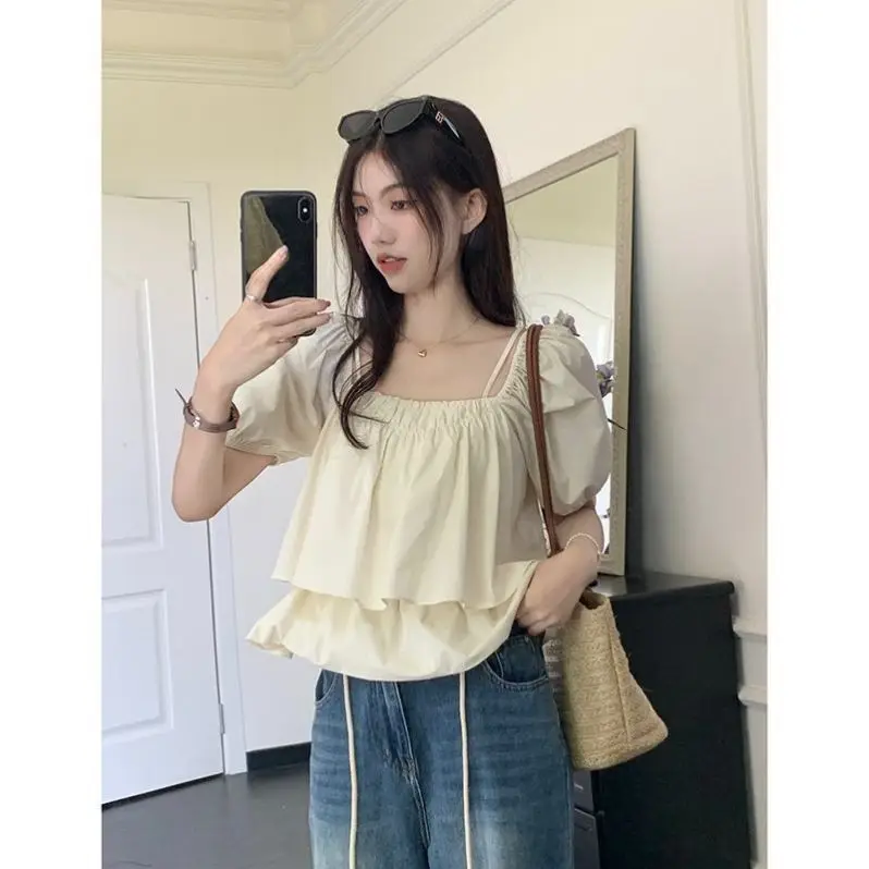 Women Solid Shirt Sweet Chic Puff Short Sleeve Female Blouse Korean Summer New Square Collar Loose All Match Ladies Crop Tops