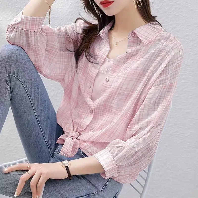 Checkered Protection Clothes Chiffon Shirts Women's Thin Summer Clothes Loose Seven Quarter Sleeved Cardigans Air-conditioned