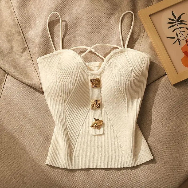 

Summer New Solid Color Fashion Sling Women High Street Casual Slim Screw Thread Embroidered Flares Patchwork All-match Tops