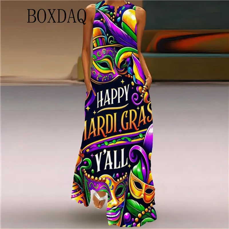 Mardi Gras Y'All Carnival Party Women Long Dress New 2025 Sexy Sleeveless V-neck Print Dress Casual Evening Maxi Dresses Summer