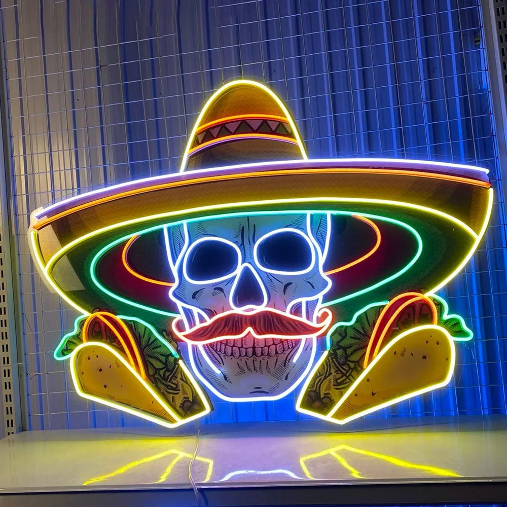 Mexican Skull Taco Neon Sign Mexican Tacos Shop Led Light Fast Food Store Restaurant Wall Decoration Custom Business Neon Sign