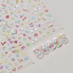 1PCS Cartoon Rainbow Lines Relief Nail Stickers Kawaii Rabbit Bow Flower Parts Adhesive Slider DIY Children's Nail Decora Decals