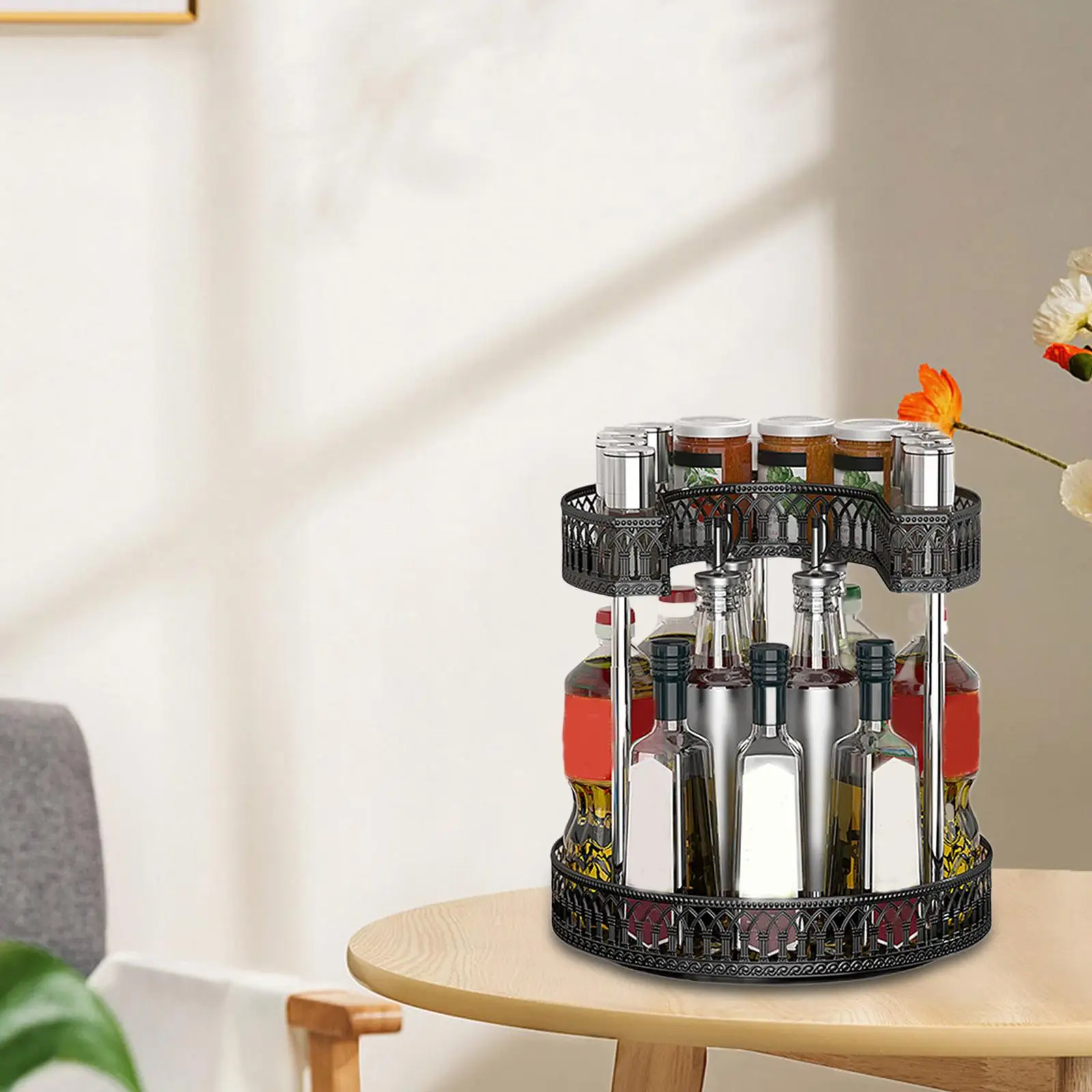 

Spice Rack Rotatable Seasoning Bottle Holder Multifunctional Makeup Tray 2 Tier for Bedroom Refrigerator Counter Dresser Kitchen