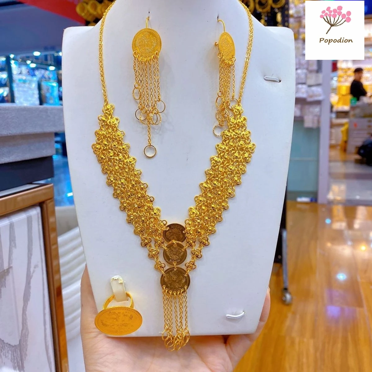 Imagem -04 - Conjunto de Anéis e Colares Popodion Banhado a Ouro Dubai 24k Brincos Femininos Acessórios de Festa Moda Jóias Yy10386 Conjunto Peças