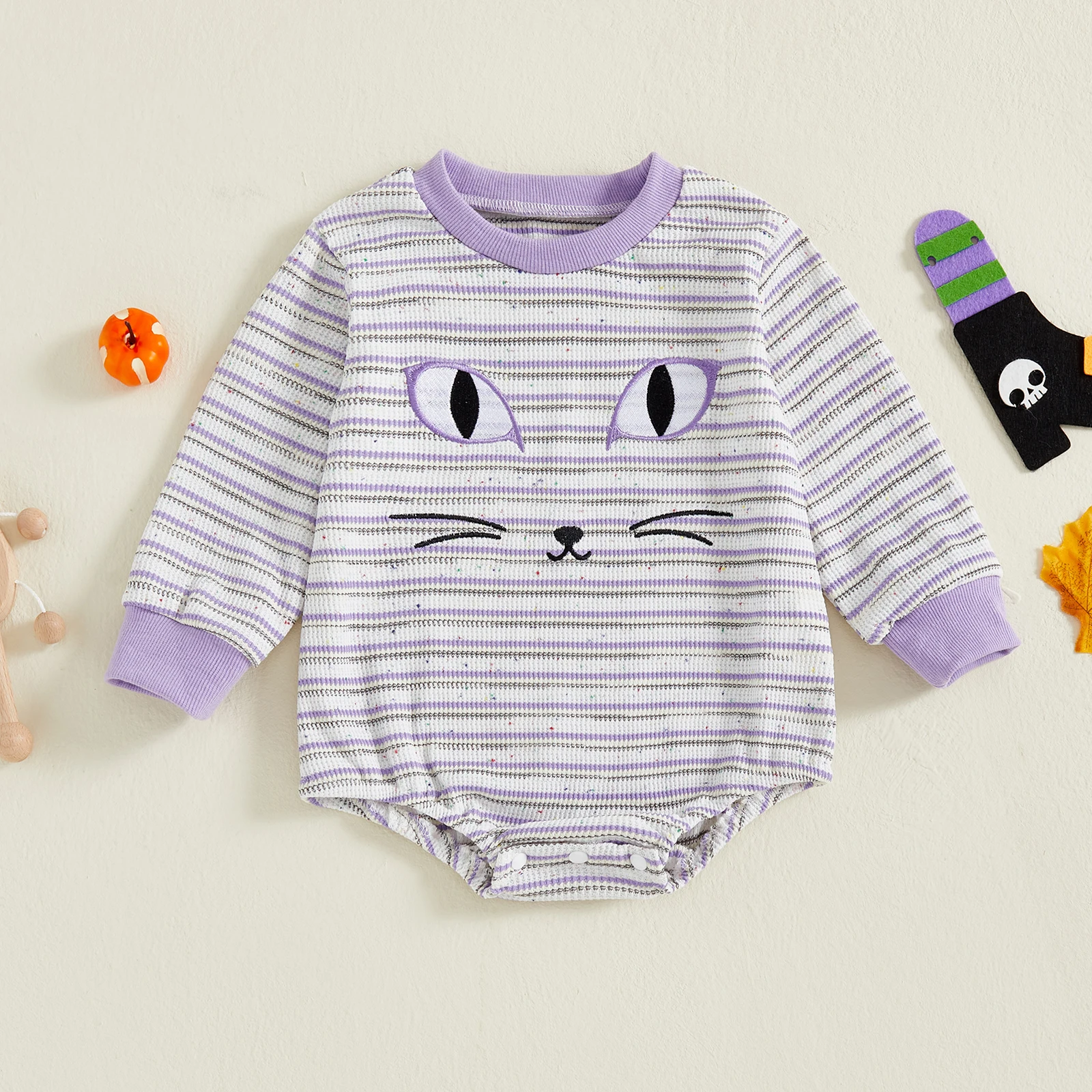 

0-18 Months Baby Girl Halloween Jumpsuit Long Sleeve O Neck Embroidery Striped Rompers