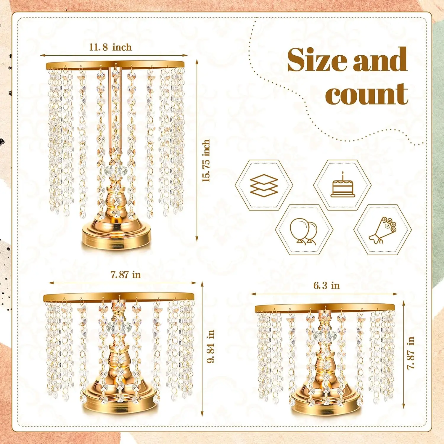 6-Piece Gold Cake Stand Set with Crystal Embellishments, Party Dessert Display Stands
