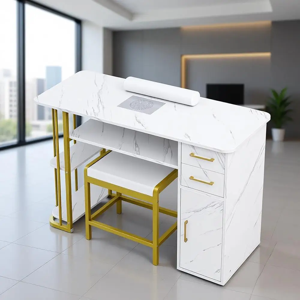 

Professional Nail Technician Workstation with Storage, Dust Collection, and Comfort Accessories, White
