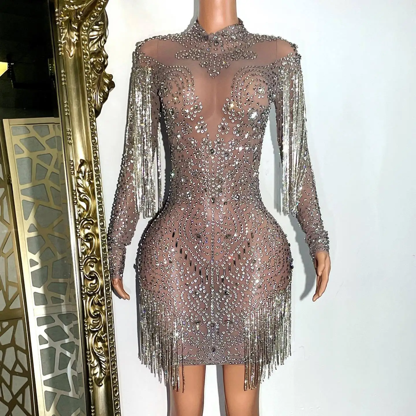 High End Rhinestone Mesh Elastic And Sexy Slim Fitting Dress