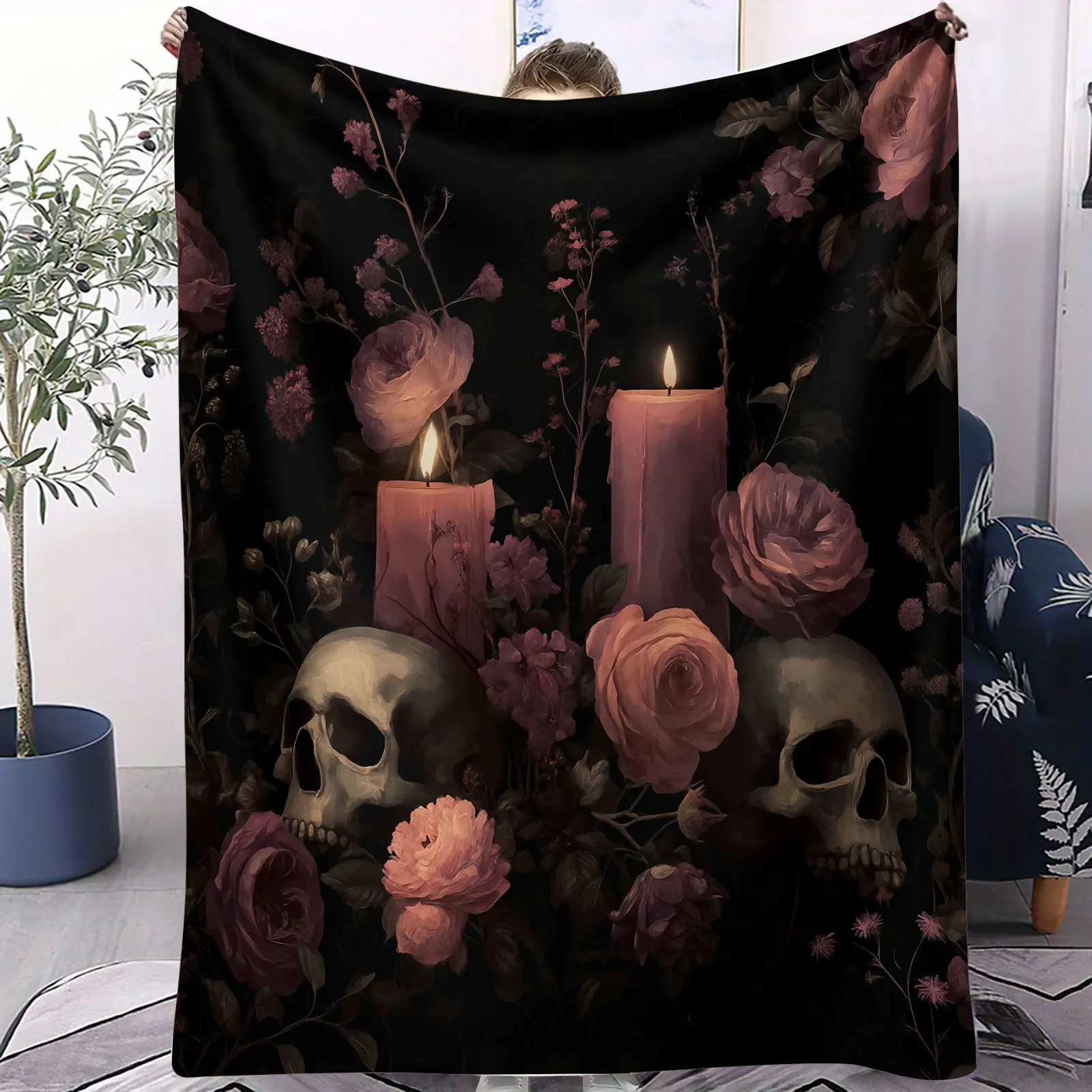 بطانية قيلولة على شكل جمجمة قوطية حمراء ووردية، بطانية تكييف هواء رومانسية داكنة لديكور المنزل، بطانية ناعمة على الطراز البديل