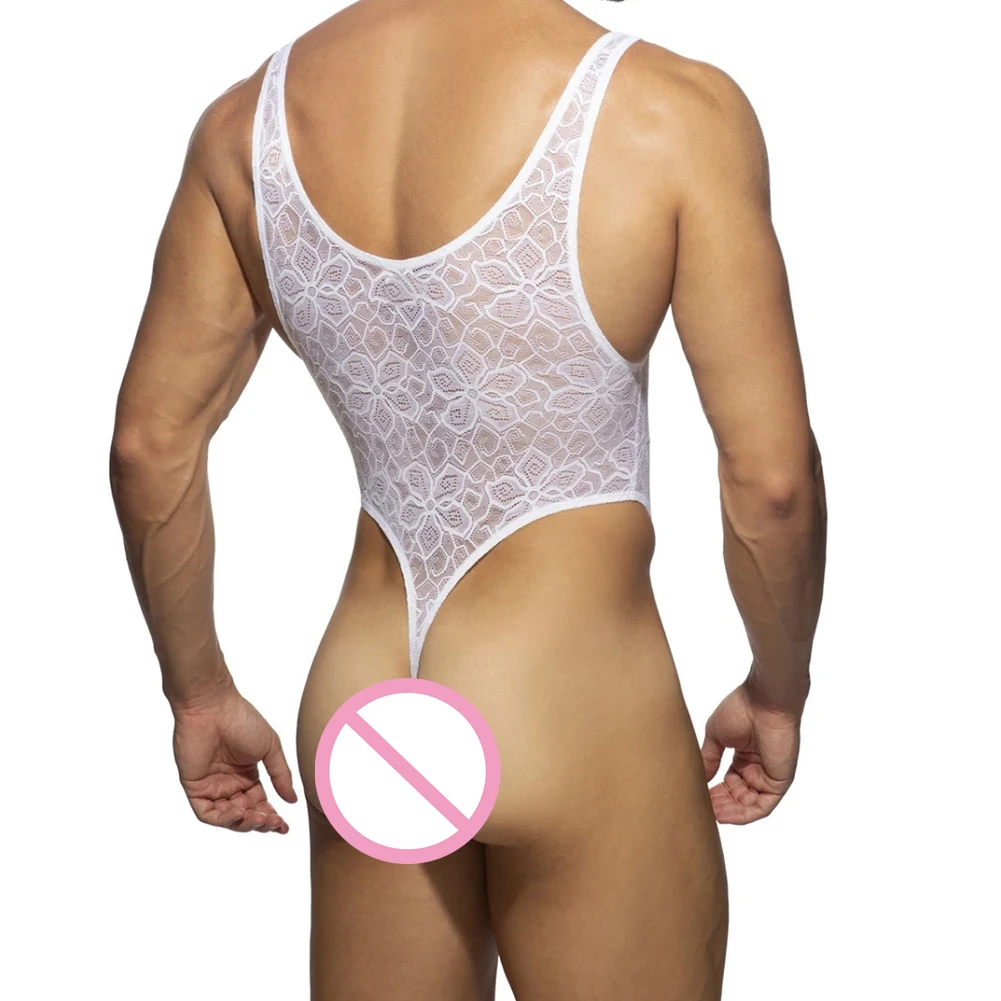 Body Sexy de encaje para hombre, mono transparente con parte trasera en T, ropa interior Gay, leotardo de lucha, lencería erótica Sissy