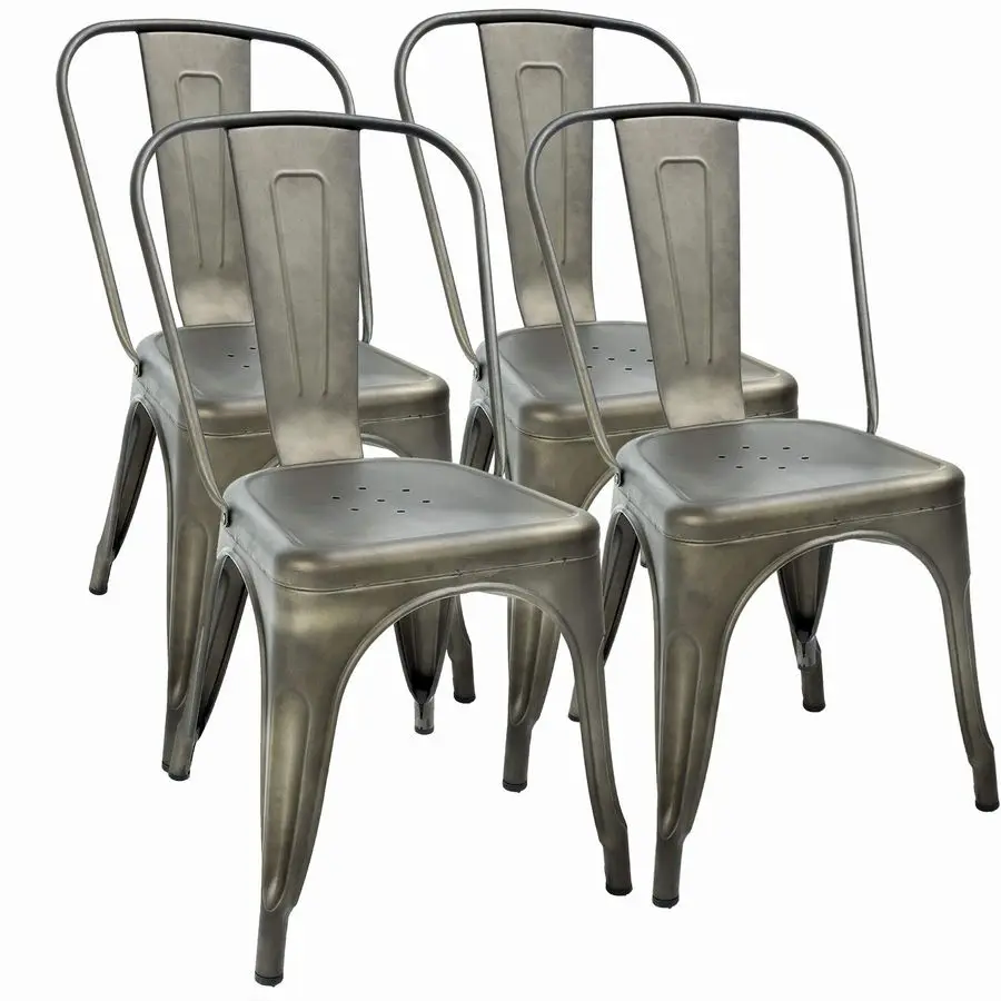 

Set of 4 Metal Dining Chairs Bronze Stackable Tolix Side Chairs with Backrest ScratchResistant NonSlip Feet Indoor Outdoor Use