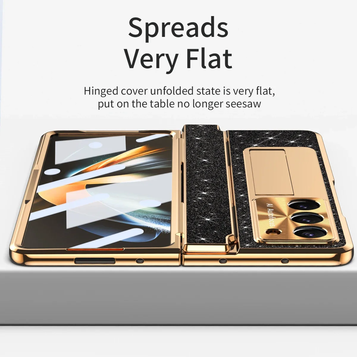 For Samsung Galaxy Z Fold 5 Z Fold 4 Z Fold 3 5G Case with Screen Protector Luxury Frosting One-Piece Plating Stand Cover Gold