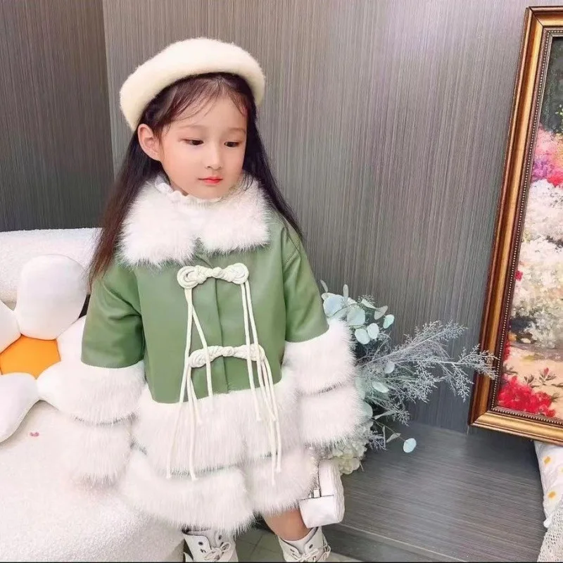 2024Girls' Autumn and Winter Big Fur Collar Velvet Padded Thickened Outer Wear Princess Furry Sweater Sweet Coat