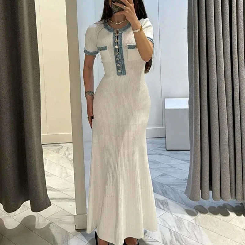 

Summer Knitted Ribbed Long Dress Women V Neck Denim Patchwork Short Sleeve Buttons Bodycon Maxi Dresses Lady 2024 Fashion