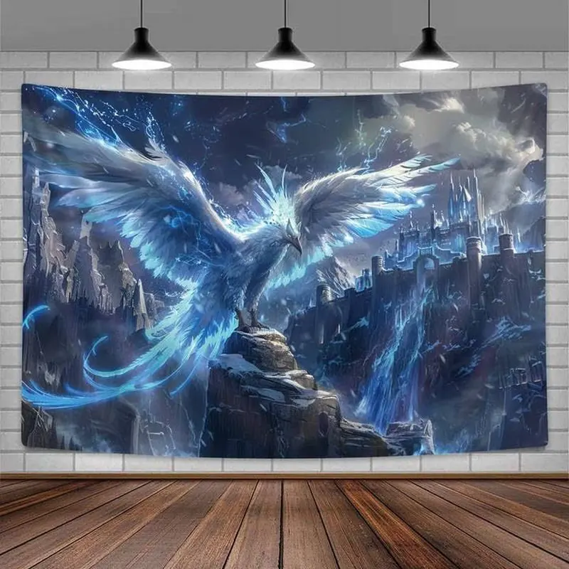 VIKAMA Ice Phoenix Tapestry Wall Hanging Blue Magic Bird Snowy Castle Fantasy Landscape Aesthetic Wall Art Decor