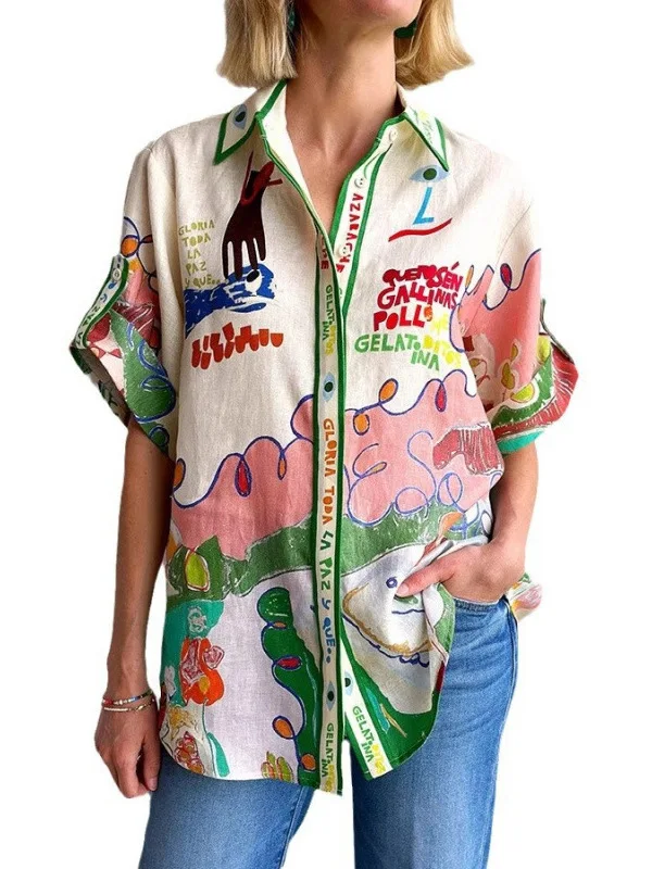 

fiti Printed Loose ort Sve irt Women's Street Sle Casual Faion Printable Loose Fit ort Sve Blouse