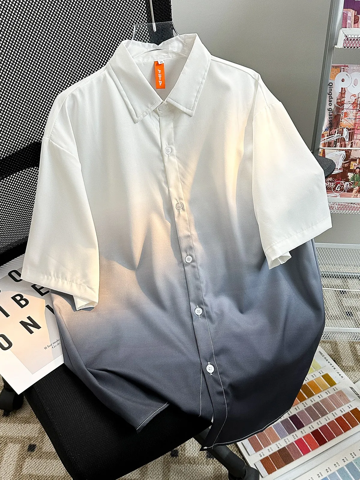 Summer Thin adient ort Sve Men's Casual irt Vintage Hong Kong Sle Loose Fit Dyeing Proc Ice Silk Fabric Youth T...