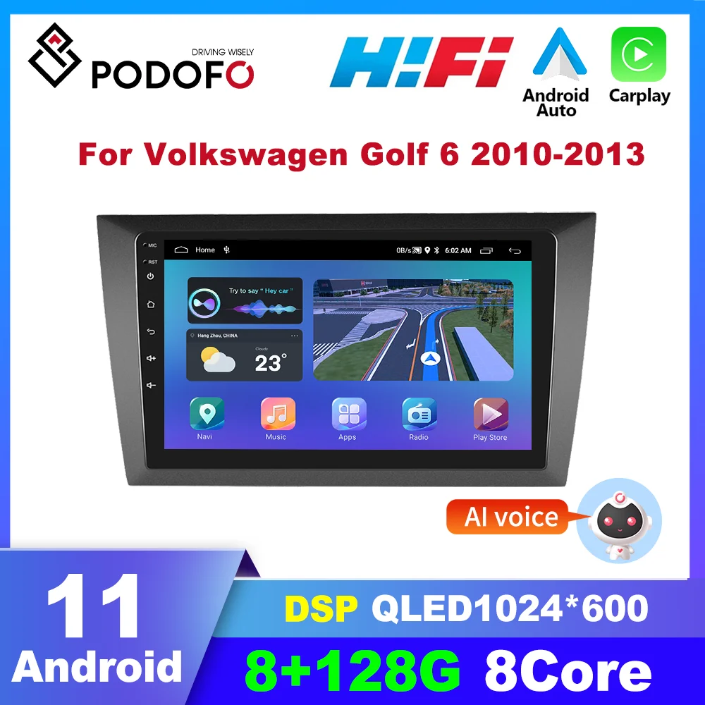 Podofo Android Carplay Car Radio For Volkswagen Golf 6 2010-2013 2din Multimedia Video Player Autoradio GPS Navigation DSP 4G