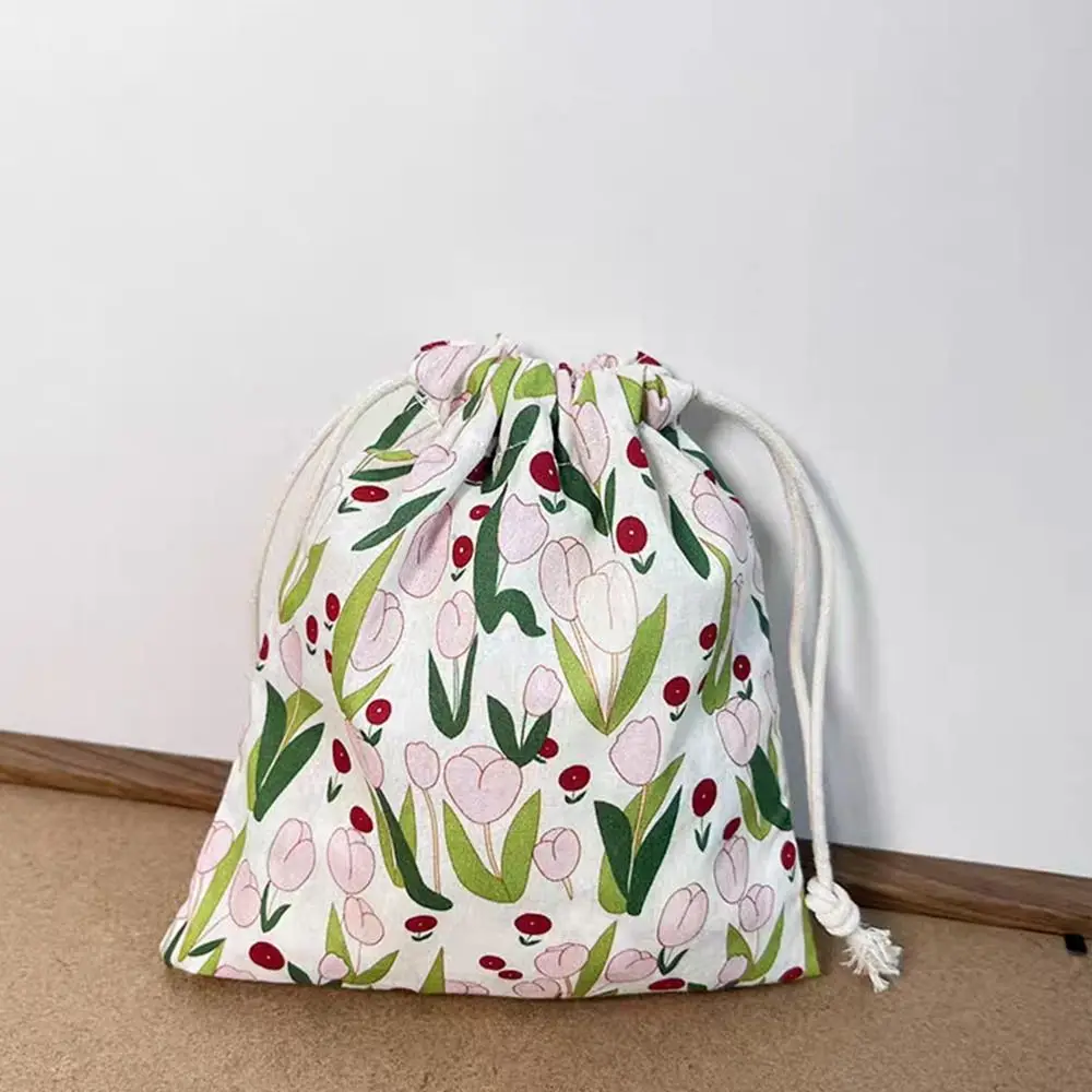 Fashion Cloth Floral Drawstring Bag Tulips Mini Storage Bag Coin Purse Ins Style Toiletry Makeup Organizer Women